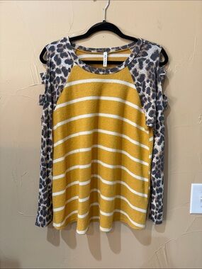 Now and Forever 21 Mustard Yellow Stripe Sweater with Leopard Sleeves